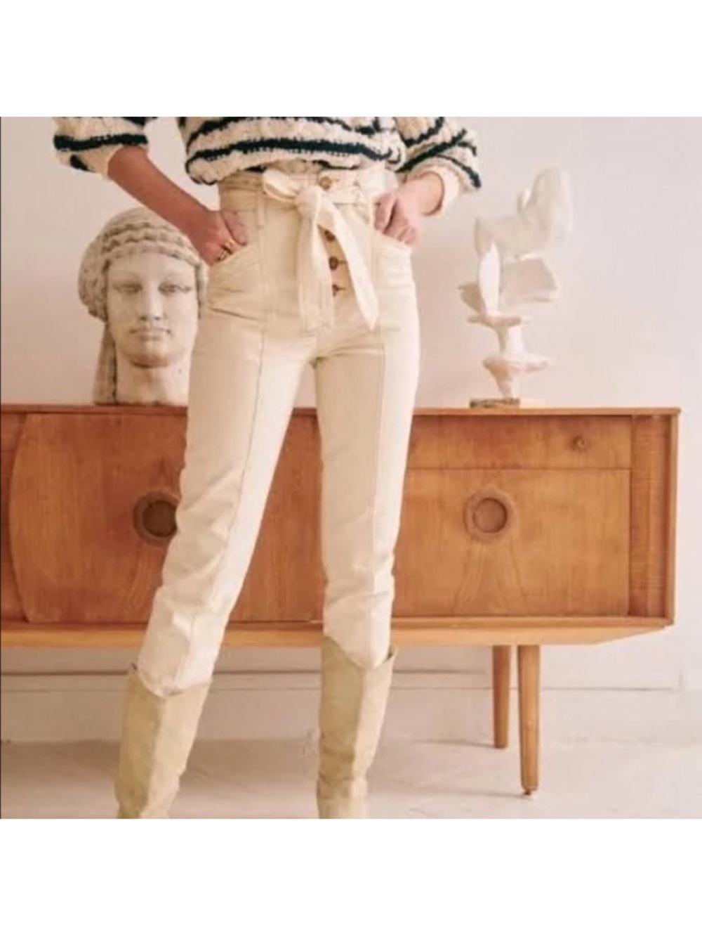Sezane NWT Ecru Maxime Paperbag Button Up Denim Trousers Pants Size 34/US 2